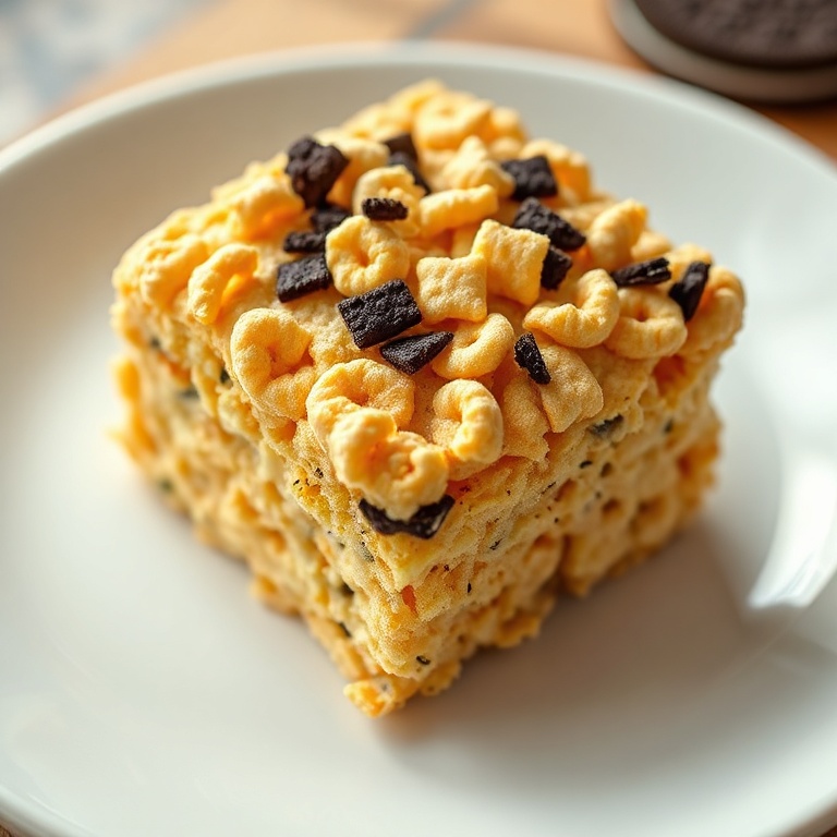 Perfectly plated Oreo Krispies with a sprinkle of cereal on top. Golden and creamy. Classic white plate with warm light. Close crop showing texture.