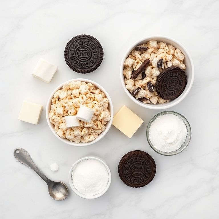 Raw ingredients for Oreo Krispies in an overhead flat lay. Oreo cookies, marshmallows, cereal, butter, and sugar visible. Measuring spoons and cups nearby. White marble surface.