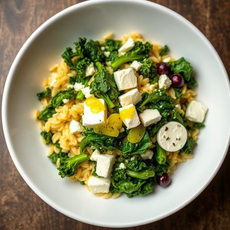Perfectly plated easy orzo kale salad. Crisp kale, orzo, and lemon vinaigrette drizzled over feta cheese. Served in a white porcelain bowl.