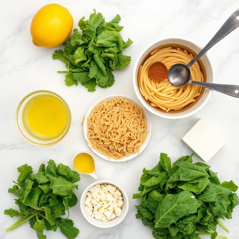 Raw ingredients for easy orzo kale salad. Fresh kale, orzo pasta, lemon, olive oil, garlic, and feta cheese arranged in an overhead flat lay.