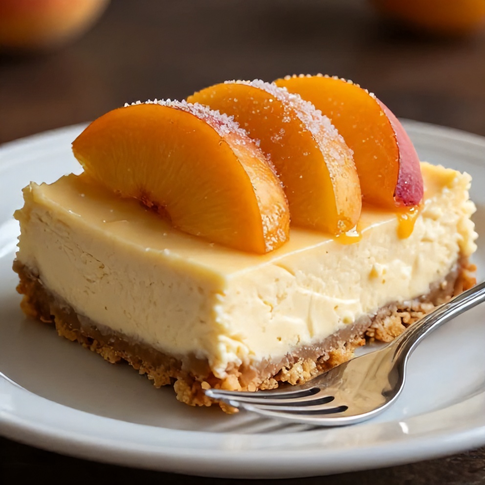 Close-up of Peach Cobbler Cheesecake Bars with a fork