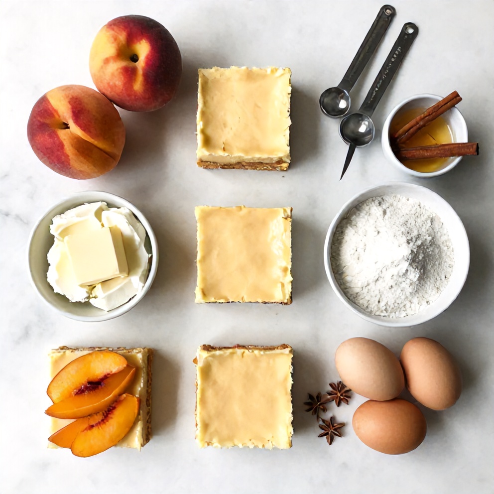 Raw ingredients for Peach Cobbler Cheesecake Bars