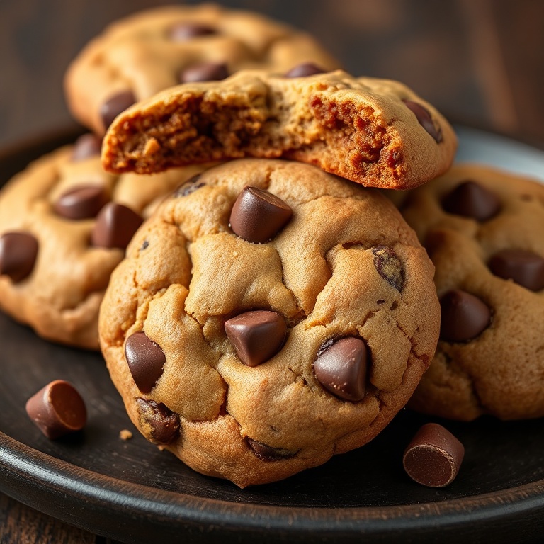 Crispy peanut butter brownie cookies with chocolate chips, warm and melty, golden edges, soft center, on a dark wooden plate