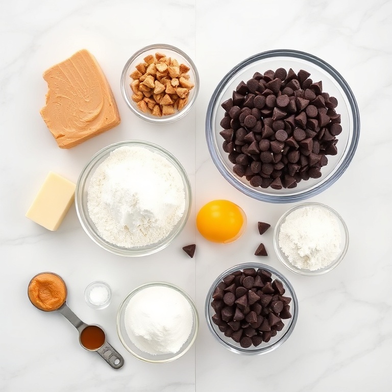 Raw ingredients for easy peanut butter brownie cookies: butter, peanut butter, sugar, flour, chocolate chips, eggs, baking powder, salt