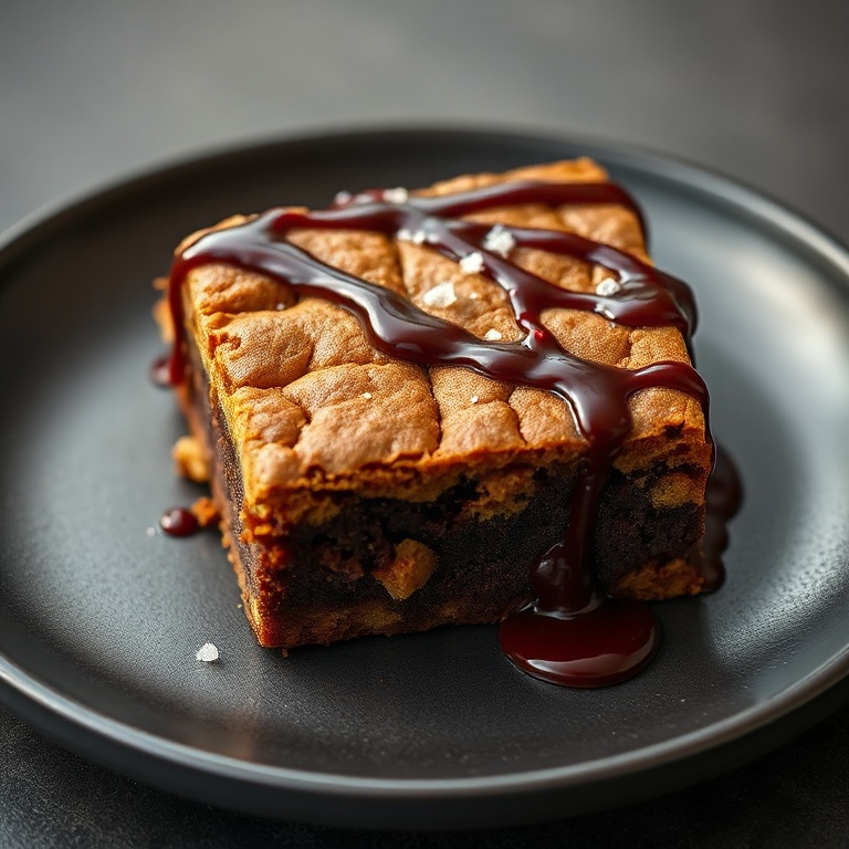 A perfectly plated serving of peanut butter brownies with a drizzle of chocolate sauce. The brownie has a dense, fudgy texture with a crackled surface and a sprinkle of sea salt.