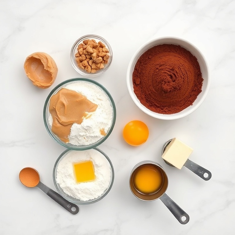 Raw ingredients for peanut butter brownies: peanut butter, flour, cocoa powder, butter, eggs, sugar, and vanilla extract arranged in a neat overhead flat lay with measuring cups and spoons nearby.