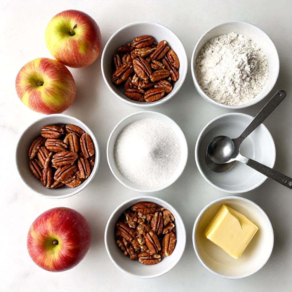 Ingredients for Pecan Apple Crisp Coffee Cake on a marble counter