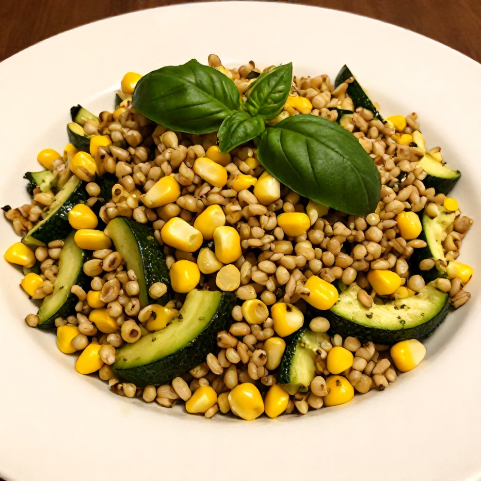 Pesto Zucchini Corn Quinoa Salad plated with fresh basil