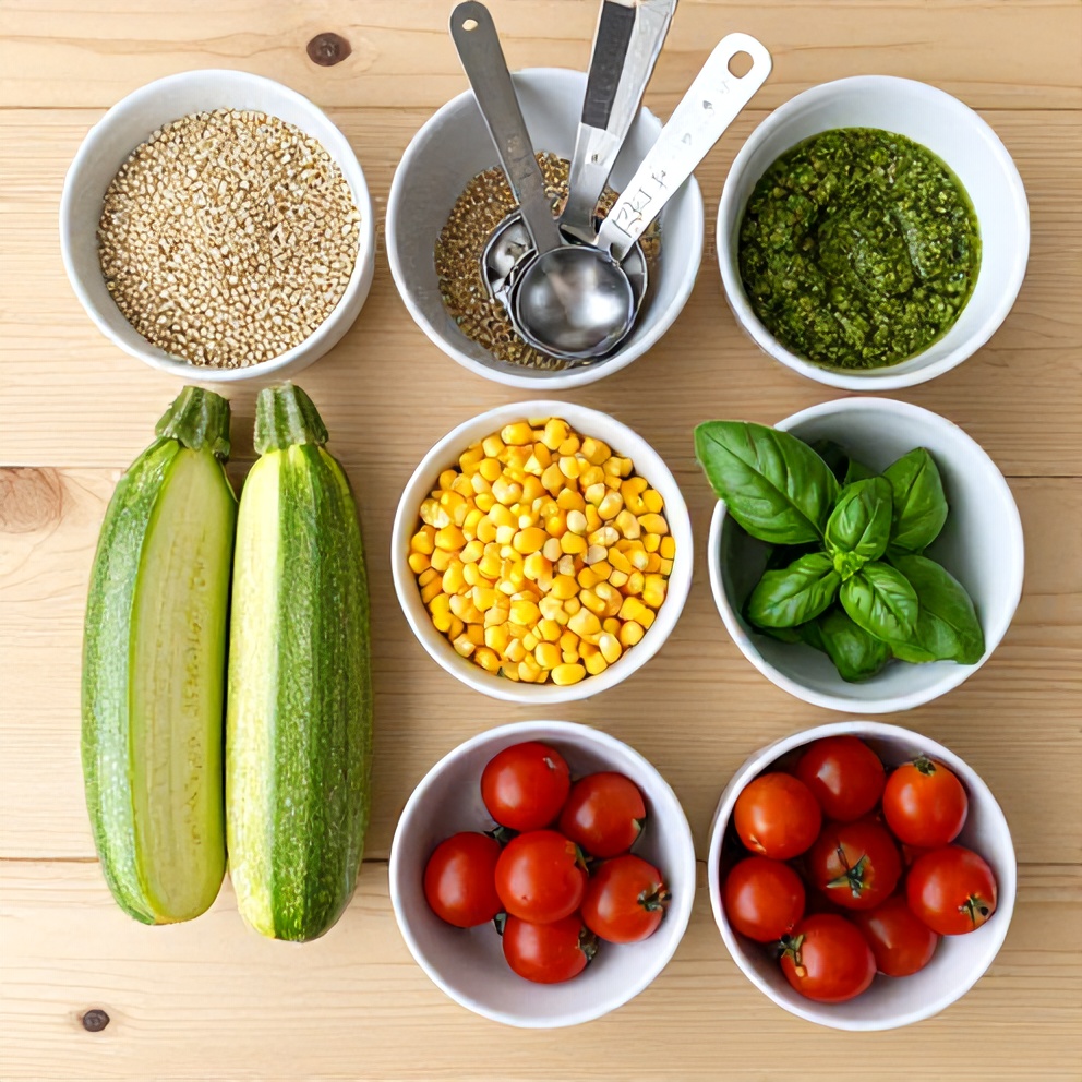 Raw ingredients for Pesto Zucchini Corn Quinoa Salad on a wooden surface