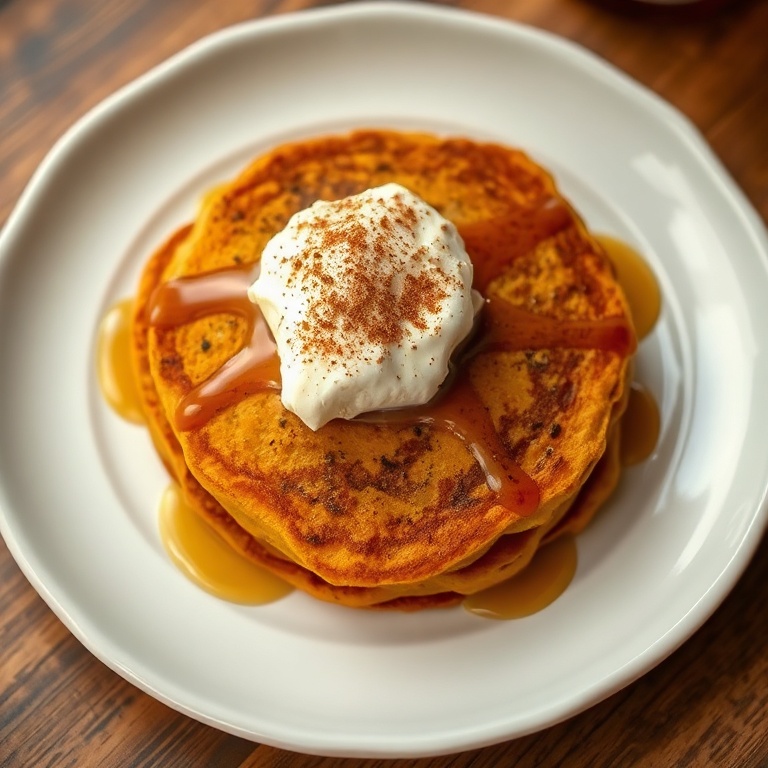 Plated pumpkin pancakes with a dollop of cottage cheese on top. A cinnamon sprinkle and a drizzle of maple syrup add a rustic touch. The plate is a white ceramic dish with a warm, inviting lighting.