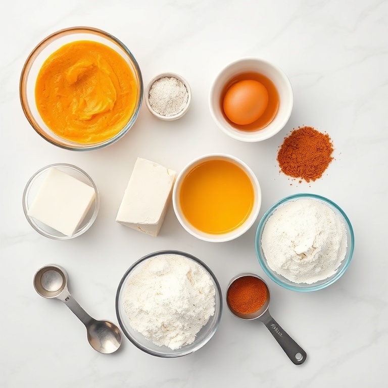 Raw ingredients for pumpkin pancakes: pumpkin puree, cottage cheese, flour, eggs, and spices arranged in a clean flat lay. Measuring cups and spoons nearby on a white marble surface.