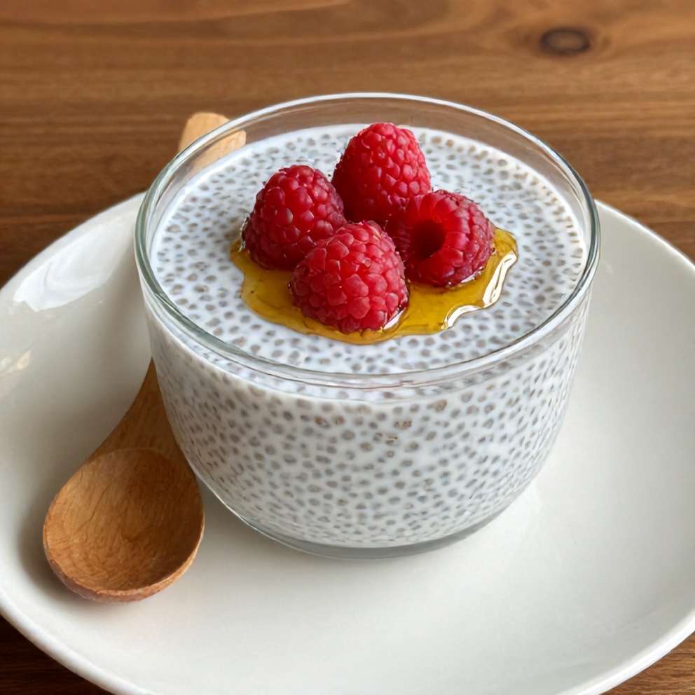 A single serving of raspberry chia pudding in a clear glass bowl. Fresh raspberries and a drizzle of honey top the creamy base. A white ceramic plate and a wooden spoon complete the presentation.