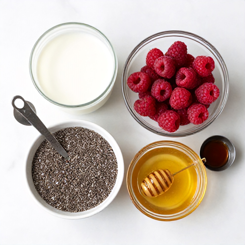 Raw ingredients for raspberry chia pudding: chia seeds, milk, fresh raspberries, honey, and a dash of vanilla extract. Measuring spoons and a mixing bowl sit beside the ingredients on a white marble surface.