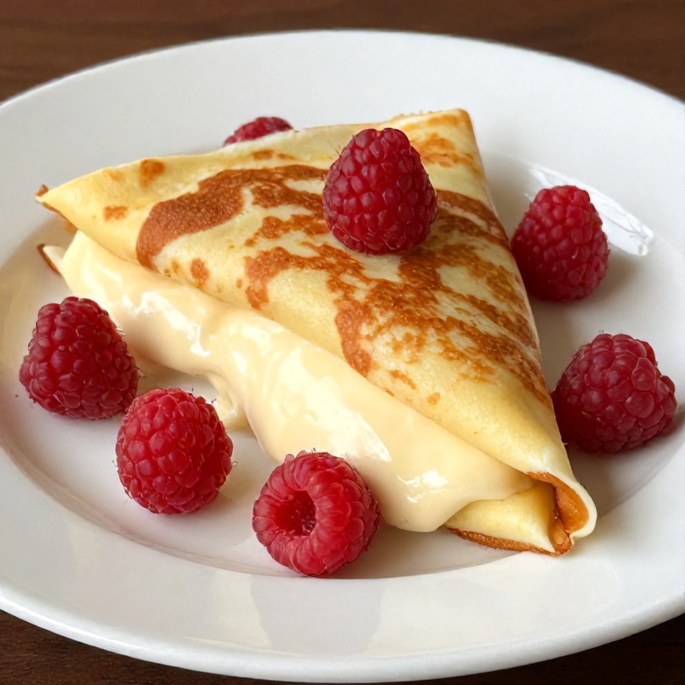 Plated Raspberry Vanilla Cream Crepes with fresh raspberries