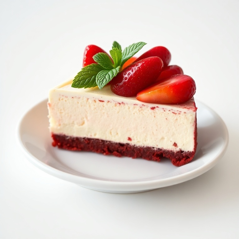 A single plated slice of red velvet strawberry cheesecake topped with sliced strawberries and a mint leaf on a white dessert plate.