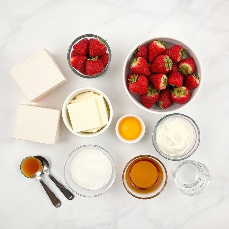 All raw ingredients for red velvet strawberry cheesecake arranged on white marble. Cream cheese, fresh strawberries, red velvet cake mix, eggs, and sugar stand out.