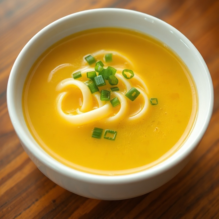A white soup bowl filled with creamy yellow egg drop soup, garnished with sliced green onions and white pepper. Close crop with the bowl on a wooden surface. Warm side light reveals silky egg texture.
