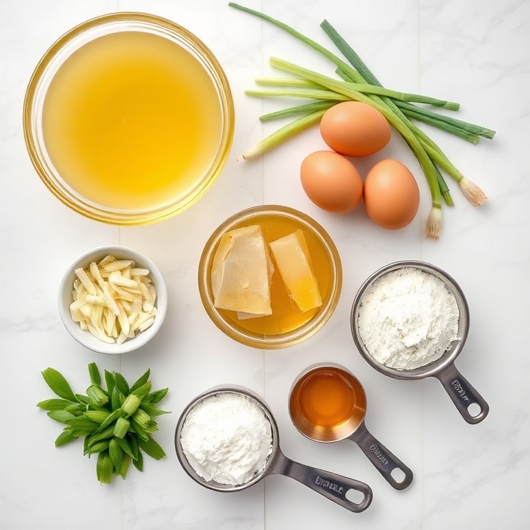 Overhead view of raw ingredients for egg drop soup arranged on a white marble surface: eggs, chicken broth, green onions, cornstarch, and ginger are most prominent, plus measuring cups and prep bowls.