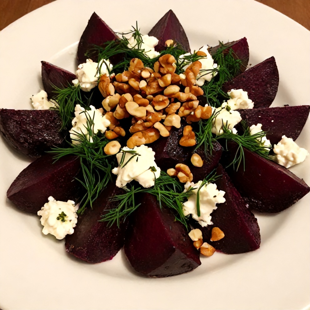Plated Easy Roasted Beet Salad with Feta and Fresh Dill
