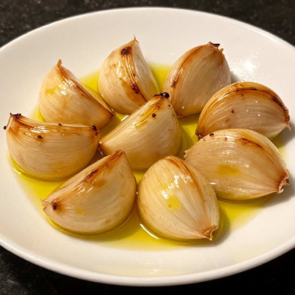 Plated roasted garlic cloves with a drizzle of olive oil