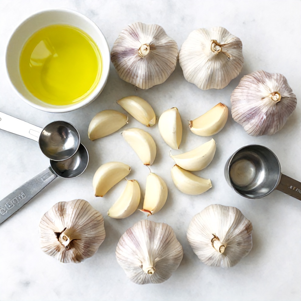 Raw garlic cloves and olive oil arranged on a marble surface
