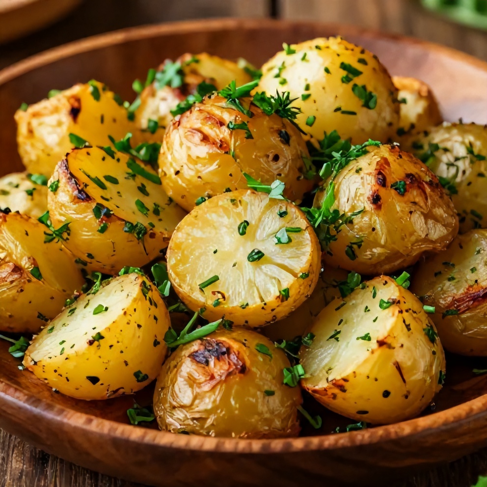 Plated roasted potato salad with fresh herbs