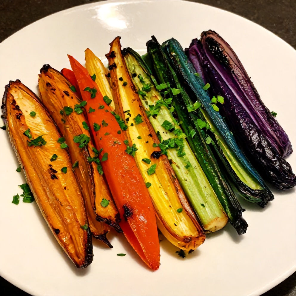 Plated roasted rainbow vegetables with fresh herbs