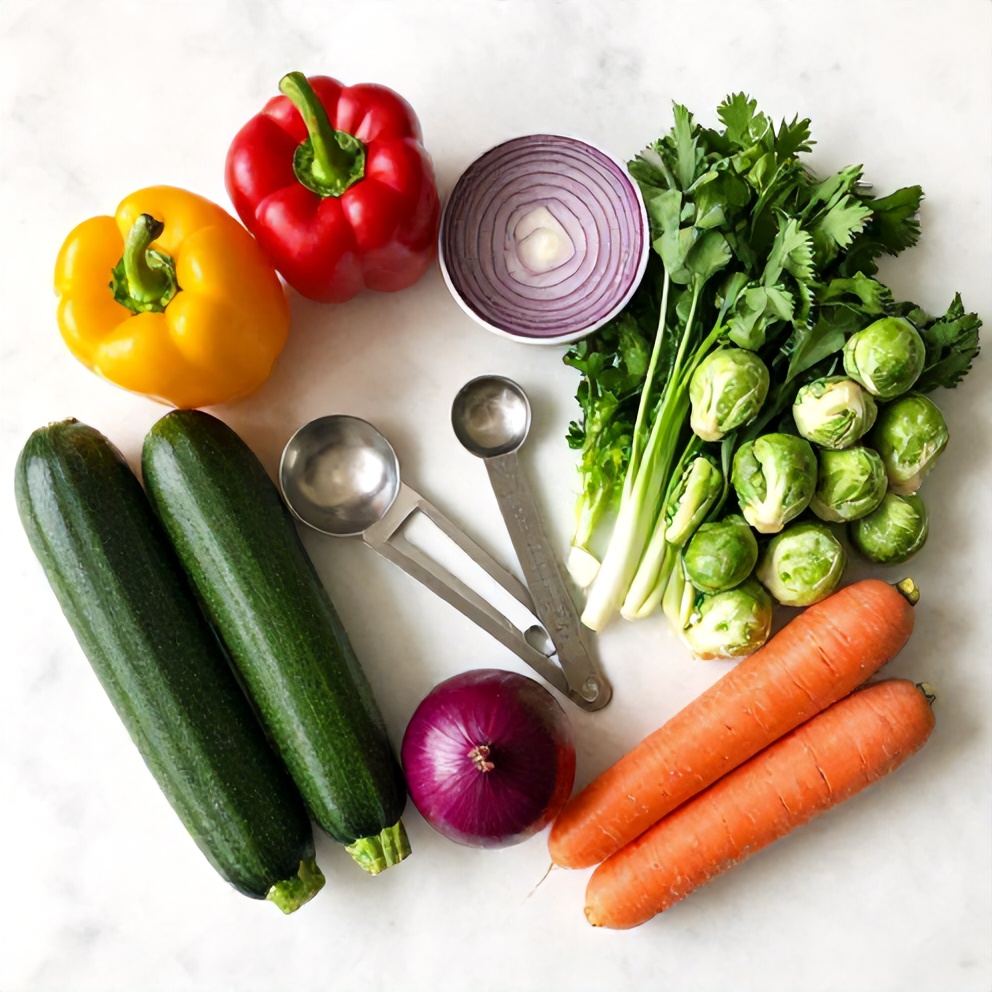 Raw rainbow vegetables and herbs on a marble surface