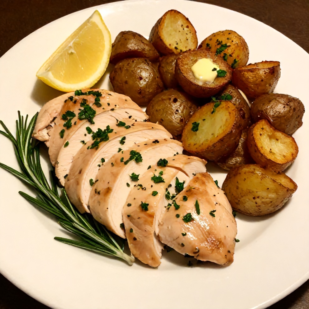 Plated rosemary dijon chicken breast with a side of crispy loaded baked potatoes