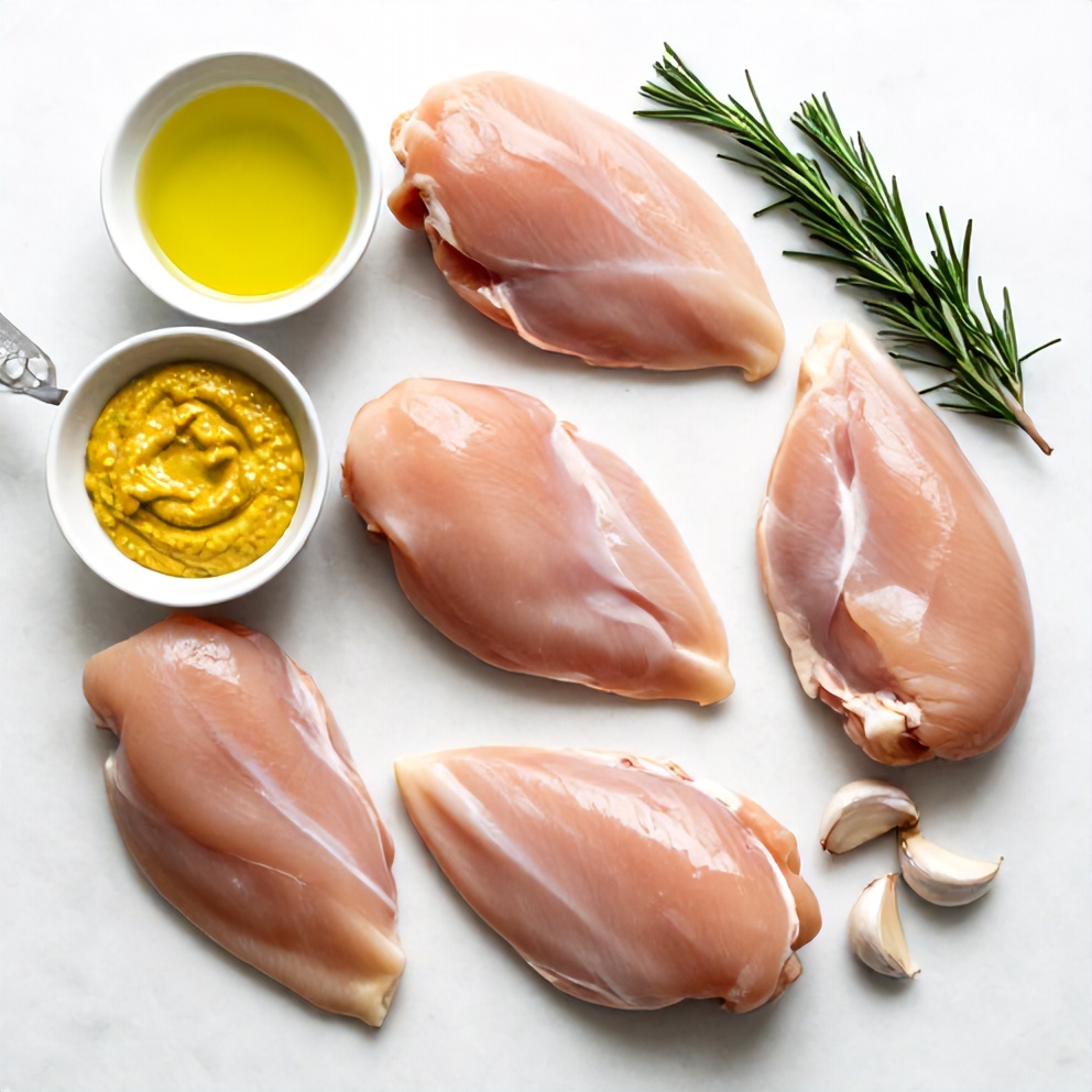 Raw ingredients for rosemary dijon chicken breast on a marble surface