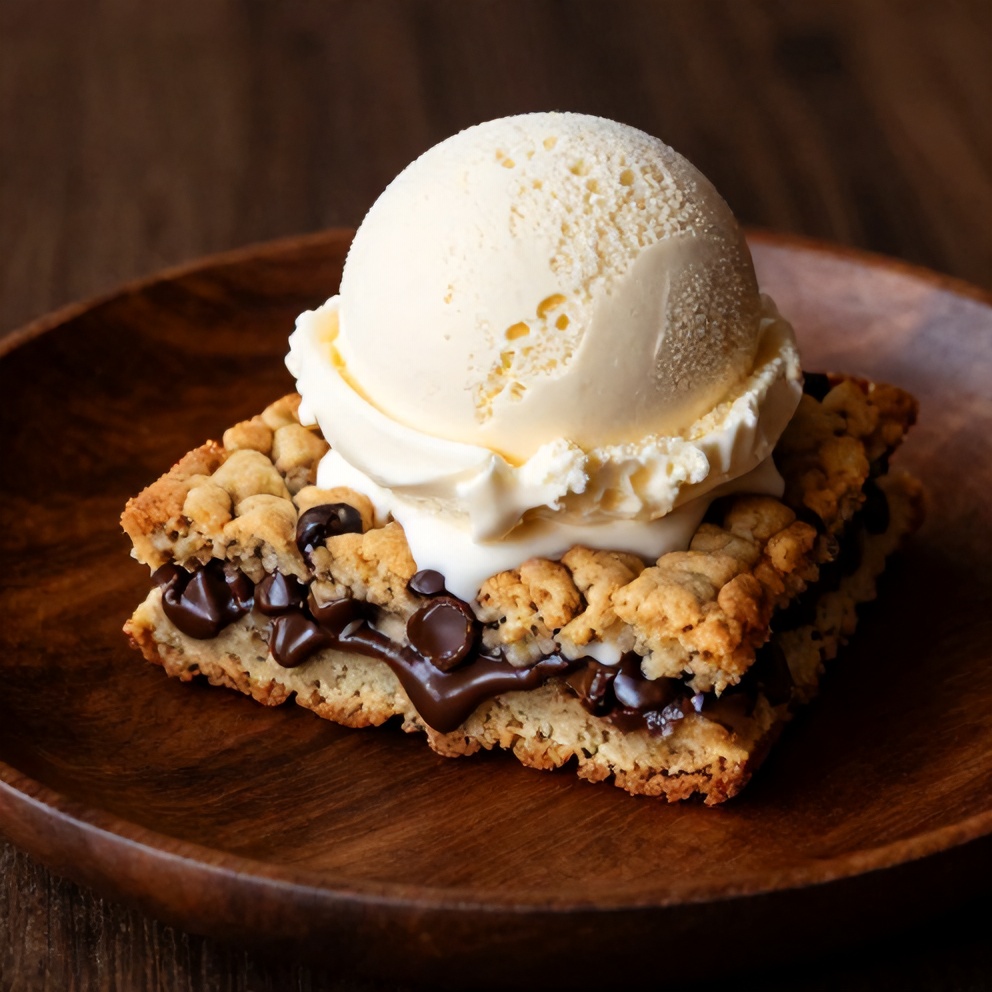 Sliced S'mores Cookie Cake on Plate with Scoop of Vanilla Ice Cream
