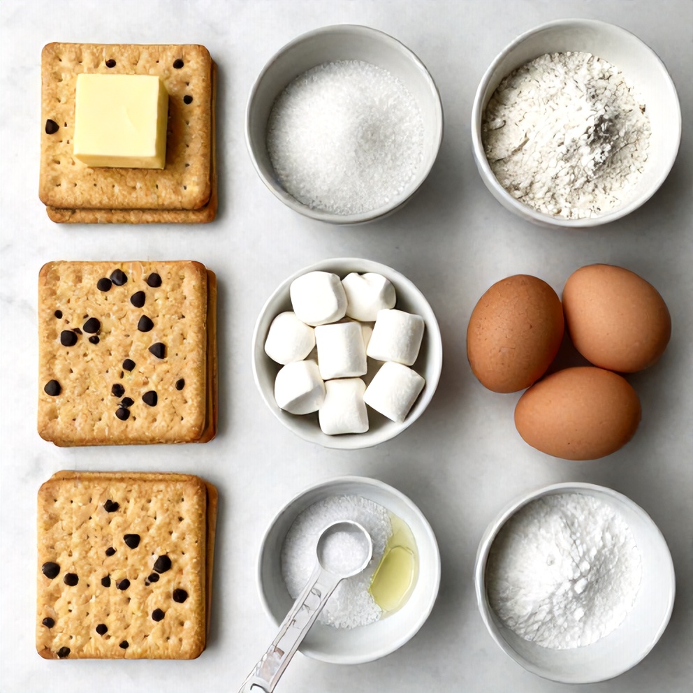 Graham Crackers, Chocolate Chips, Marshmallows, Butter, Sugar, Flour, Eggs, Vanilla Extract, Salt, Baking Soda