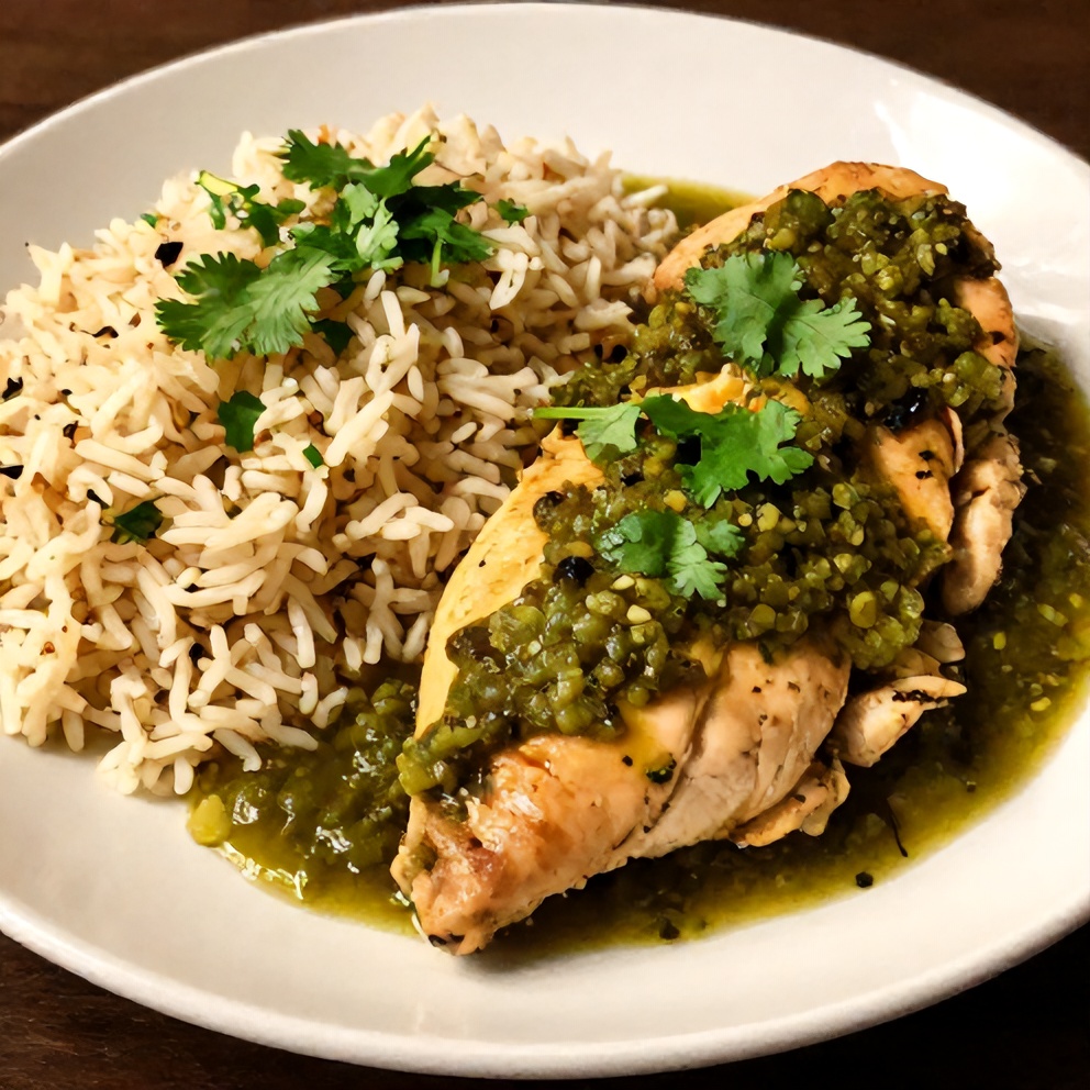 Easy Salsa Verde Chicken plated with a side of rice and garnished with fresh cilantro