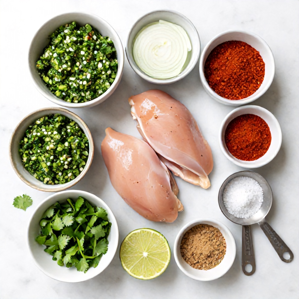 Raw ingredients for Easy Salsa Verde Chicken arranged on a marble surface