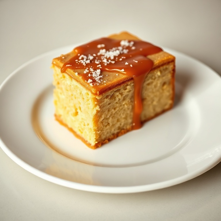 A slice of salted caramel cake on a white plate. A sprinkle of sea salt and a drizzle of caramel top the slice.