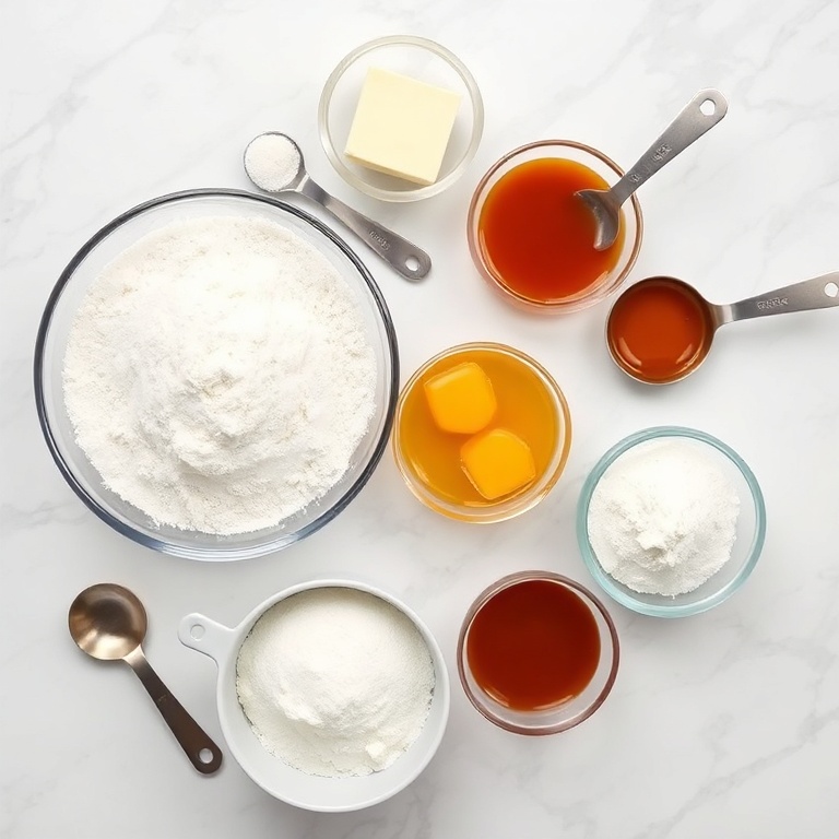 A flat lay of cake ingredients. Flour, sugar, butter, eggs, salted caramel sauce, and baking powder are the main items.