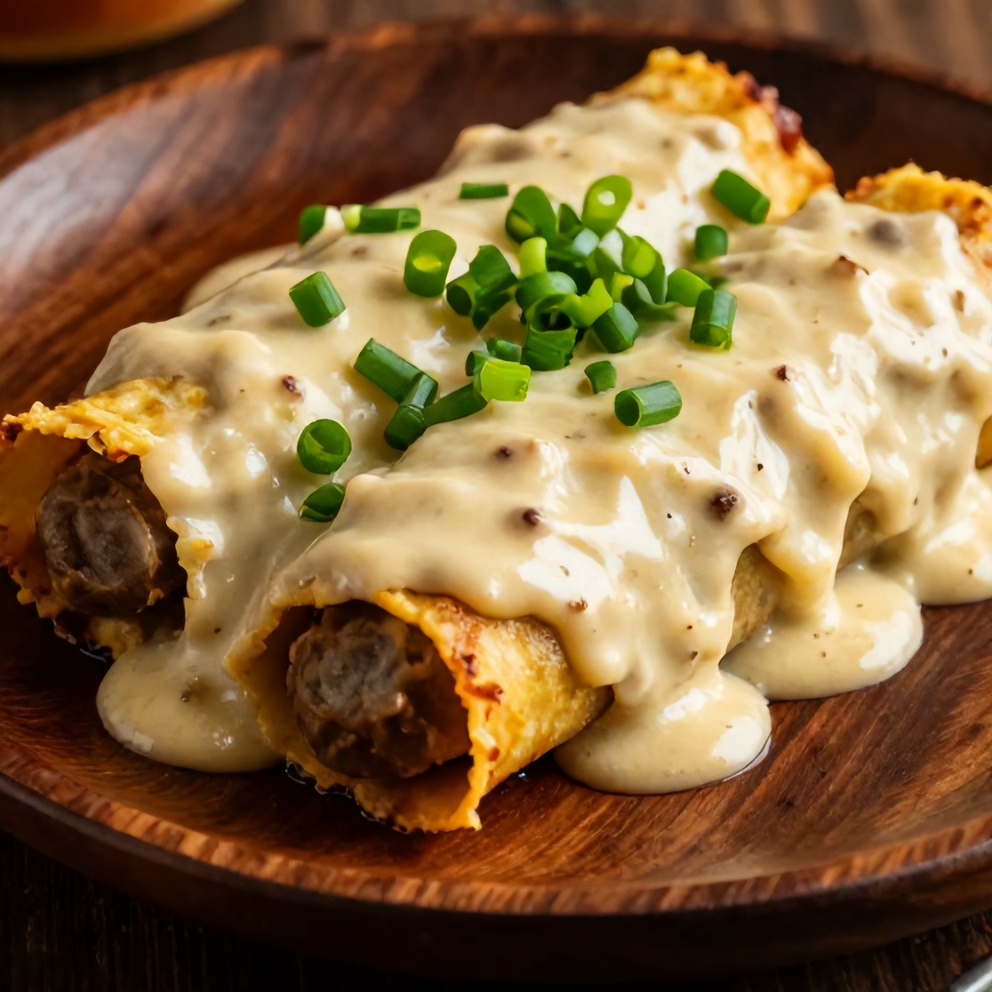 Plated Sausage Gravy Enchiladas with a side of green onions