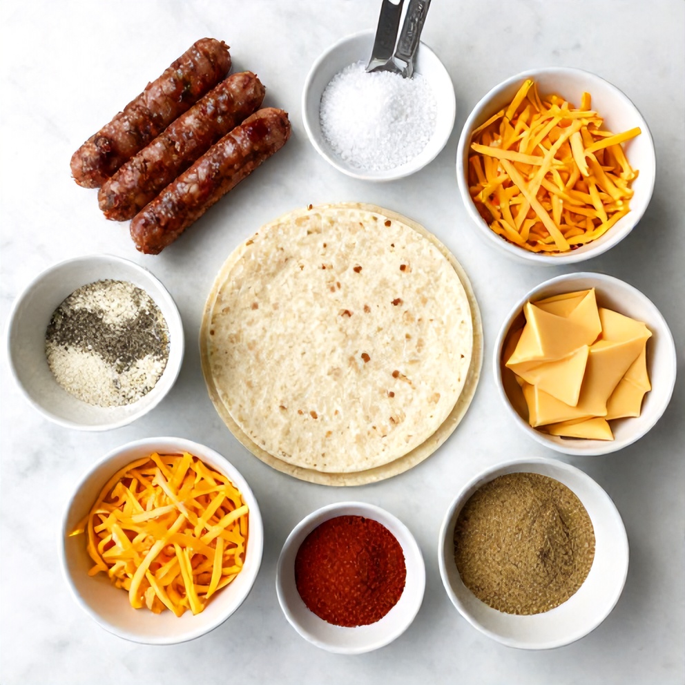 Raw ingredients for Sausage Gravy Enchiladas on a marble surface