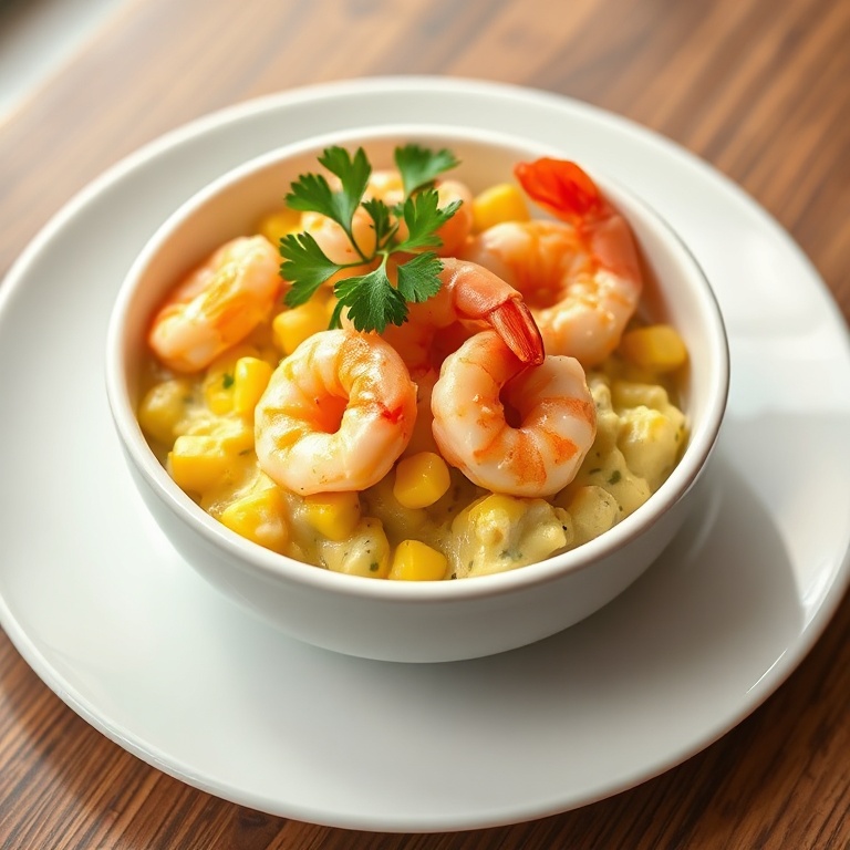 A bowl of shrimp and creamed corn topped with parsley and a slice of bread