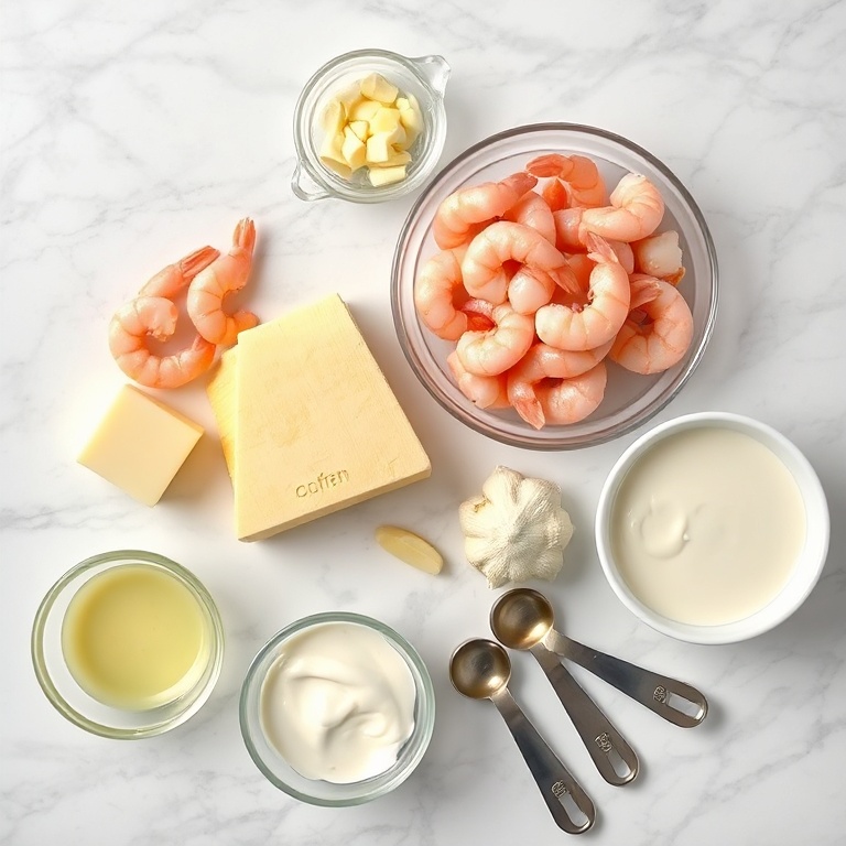 Shrimp, corn, butter, garlic, and cream arranged on a marble surface