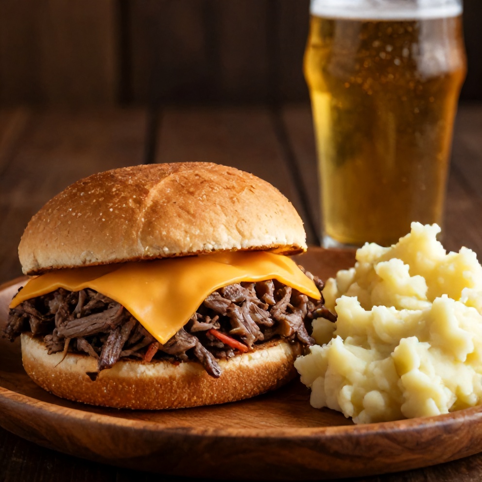 Plated beef and cheddar sandwich with a side of mashed potatoes and a glass of beer
