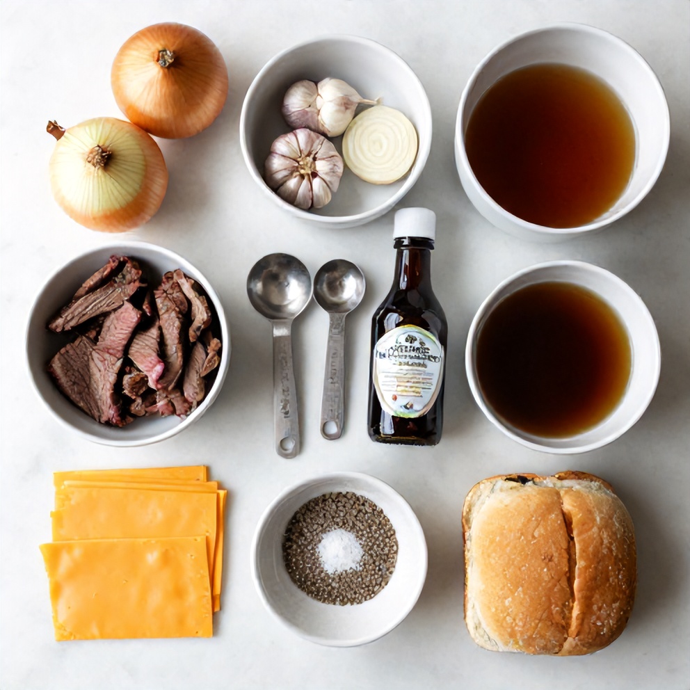 Flat lay of beef chuck roast, onion, garlic, beef broth, Worcestershire sauce, salt, pepper, cheddar cheese, and sandwich rolls
