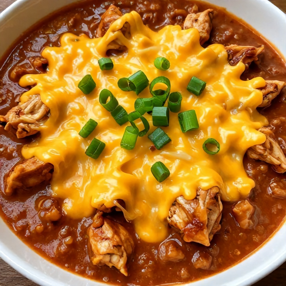 Bowl of buffalo chicken chili topped with melted cheddar cheese and chopped green onions
