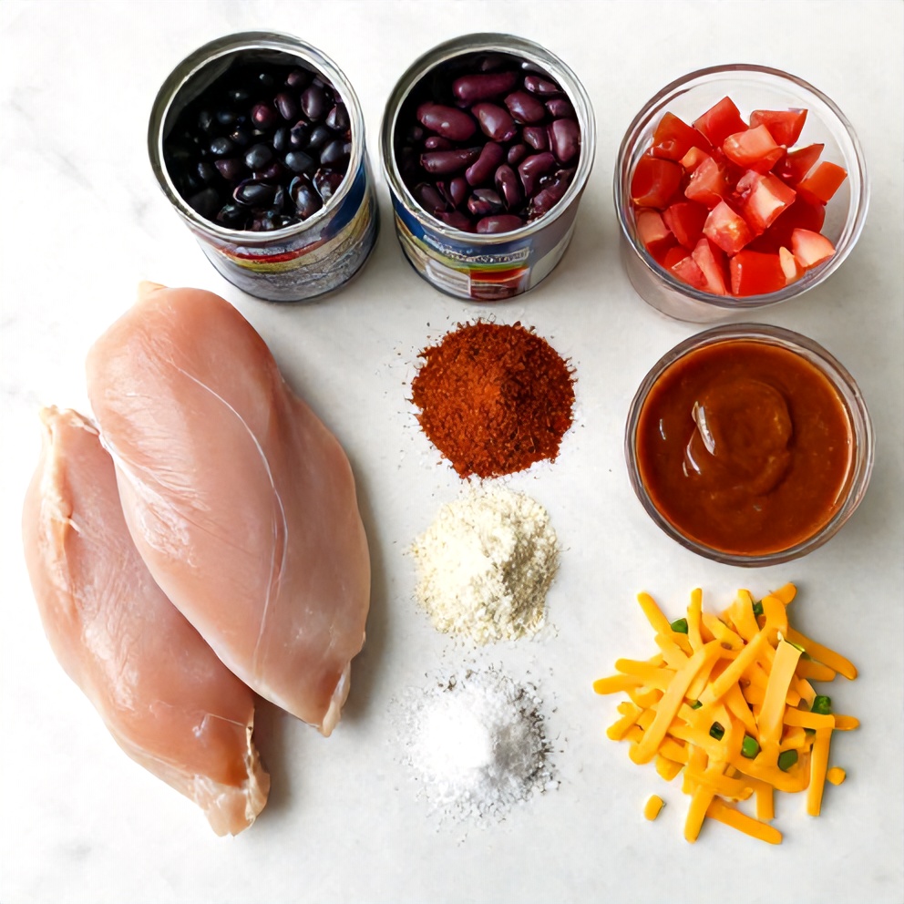 Raw ingredients for buffalo chicken chili including chicken breasts, canned beans, diced tomatoes, buffalo sauce, and spices arranged on a wooden surface