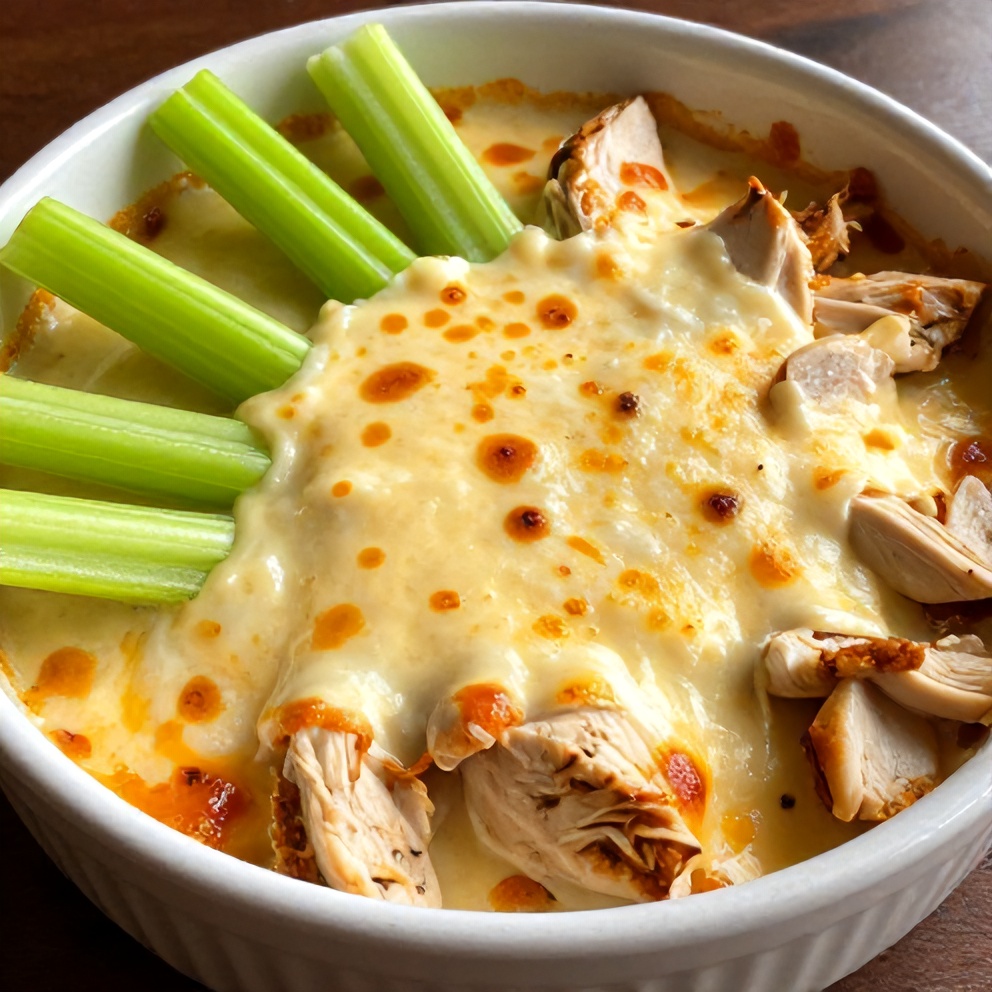 Plated serving of buffalo chicken dip with celery sticks