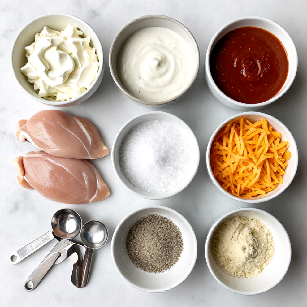 Raw ingredients for buffalo chicken dip: chicken, cream cheese, buffalo sauce, ranch, etc.