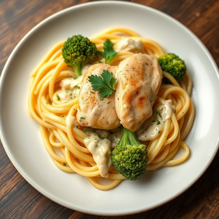 Perfect plated chicken alfredo with broccoli pasta, creamy sauce, and fresh parsley. Warm lighting showing texture. Plate filled 90% of frame. Photorealistic food photography.