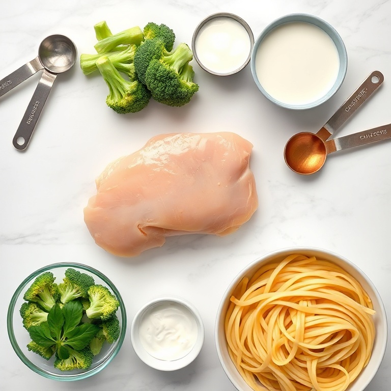 Raw ingredients for chicken alfredo: chicken breast, broccoli, fettuccine, garlic, and heavy cream. Overhead flat lay with measuring spoons and bowls. White marble surface. Bright even light. Photorealistic overhead food photography.