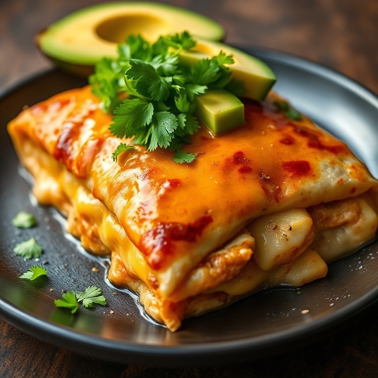 Serving of chicken enchilada topped with fresh cilantro and avocado. Dark plate with warm lighting. Crispy edges and melty cheese visible.