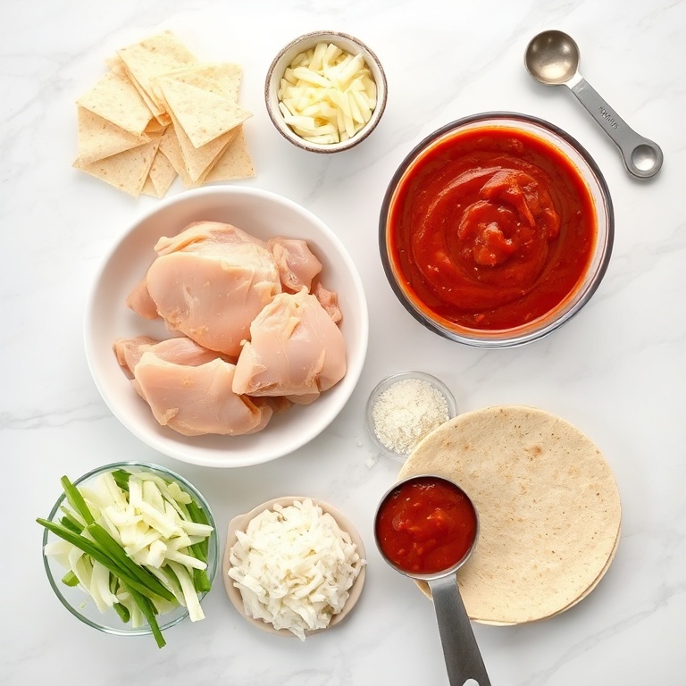 Raw chicken, enchilada sauce, cheese, tortillas, and onions arranged in a flat lay. Measuring tools and bowls visible. Bright light shows vibrant ingredients.